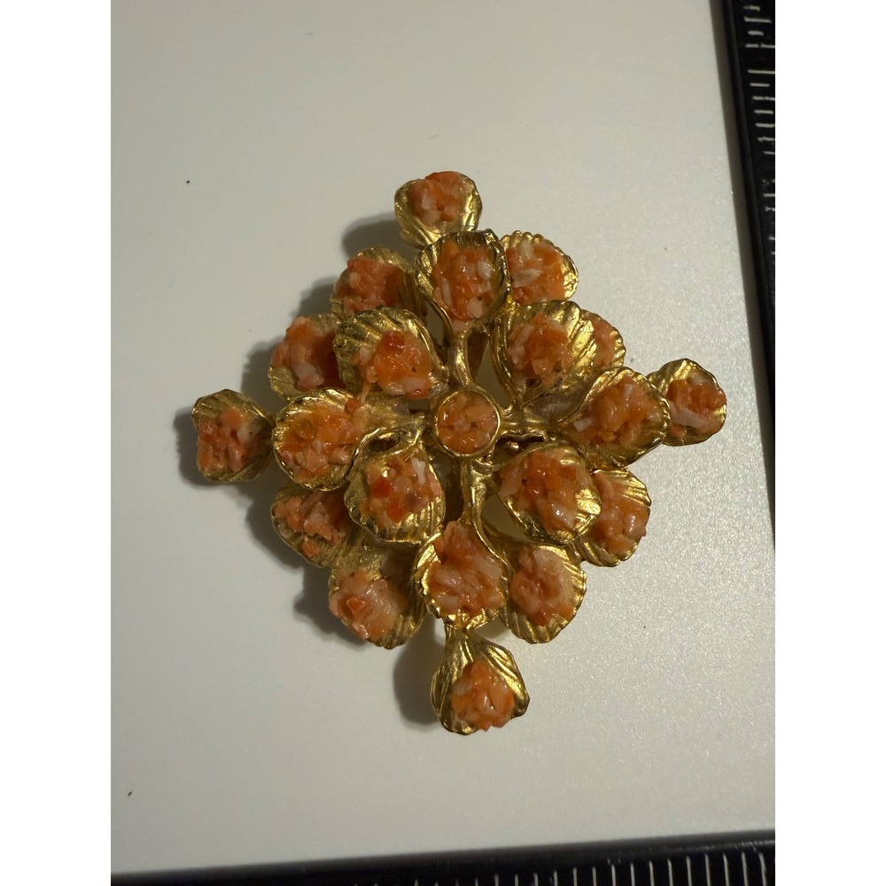Vintage Gold Tone Faux Coral Chip Cluster‎ Brooch Pendant Cross Floral Design